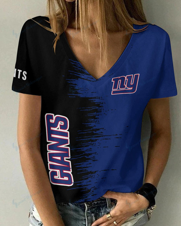 **(Official-NFL.New York Giants Team Limited Edition Fashion Casual Womens V-Neck Tee-Shirts/All Over Double Sided Custom Graphic-3D-Printed Official Giants Team Logos & Official Giants Team Colors Design Game/Day Trendy Womens Tees)**