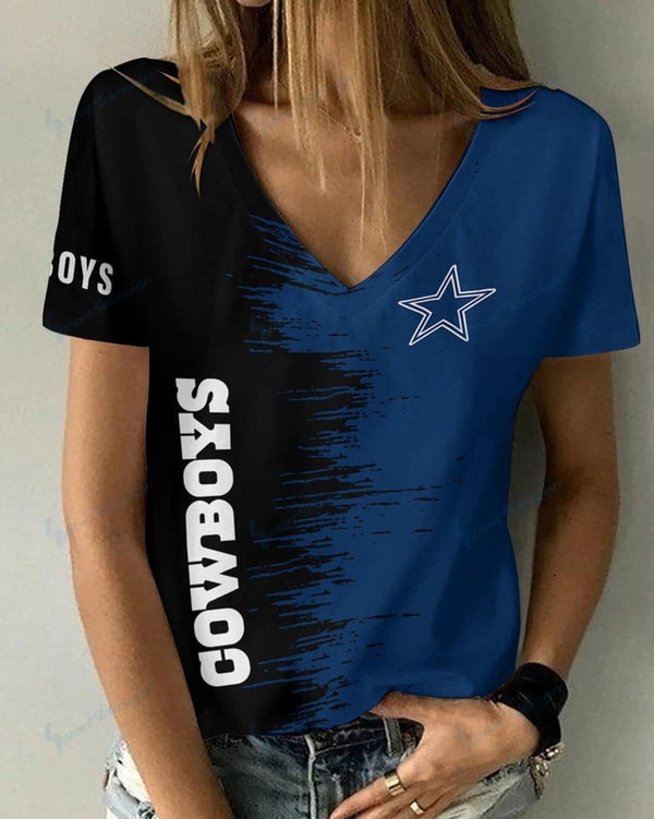**(Official-NFL.Dallas Cowboys Team Limited Edition Fashion Casual Womens V-Neck Tee-Shirts/All Over Double Sided Custom Graphic-3D-Printed Official Cowboys Team Logos & Official Cowboys Team Colors Design Game/Day Trendy Womens Tees)**
