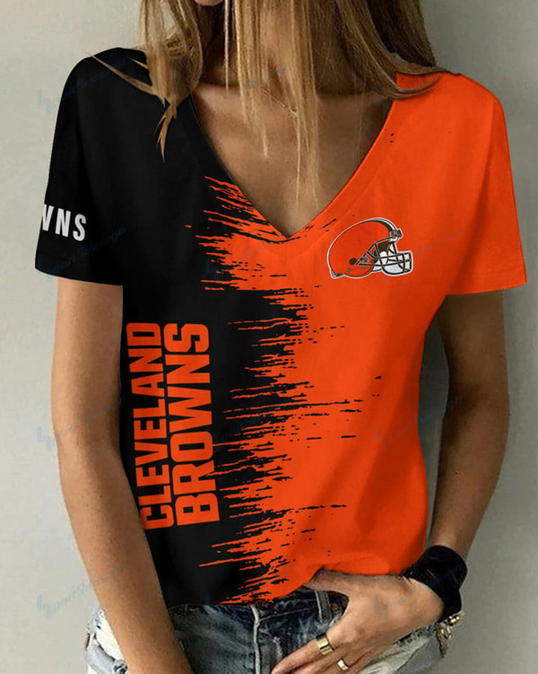 **(Official-NFL.Cleveland Browns Team Limited Edition Fashion Casual Womens V-Neck Tee-Shirts/All Over Double Sided Custom Graphic-3D-Printed Official Browns Team Logos & Official Browns Team Colors Design Game/Day Trendy Womens Tees)**