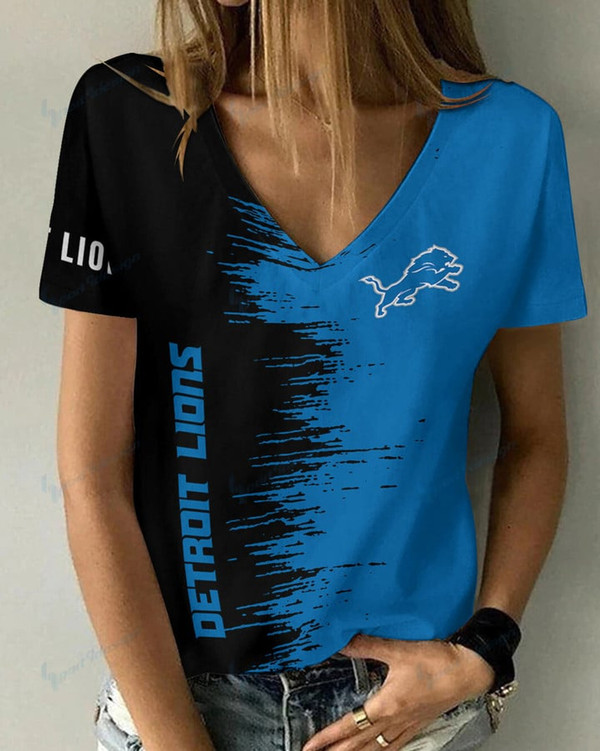 **(Official-NFL.Detriot Lions Team Limited Edition Fashion Casual Womens V-Neck Tee-Shirts/All Over Double Sided Custom Graphic-3D-Printed Official Lions Team Logos & Official Lions Team Colors Game/Day Trendy Womens Tees Design)**