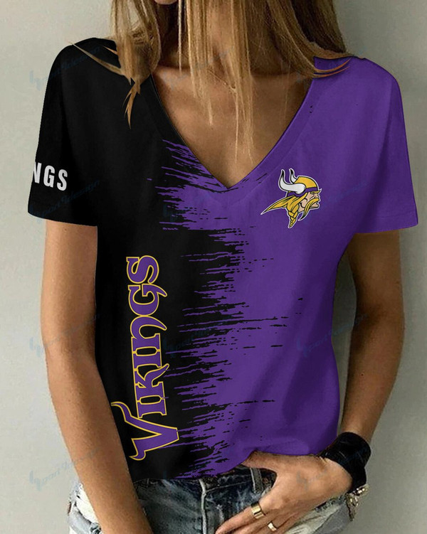 **(Official-NFL.Minnesota Vikings-Team Limited Edition Fashion Casual Womens V-Neck Tee-Shirts/All Over Double Sided Custom Graphic-3D-Printed Official Vikings Team Logos & Official Vikings Team Colors Game/Day Trendy Womens Tees Design)**