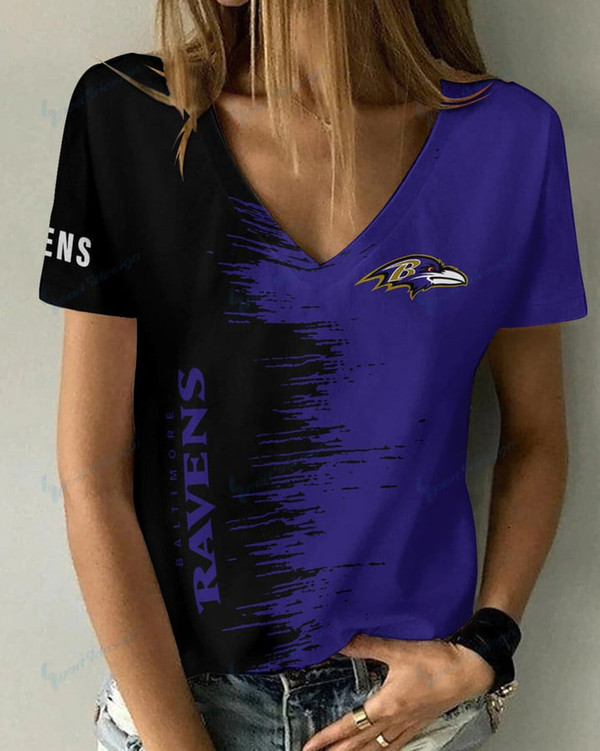 **(Official-NFL.Baltimore Ravens Team Limited Edition Fashion Casual Womens V-Neck Tee-Shirts/All Over Double Sided Custom Graphic-3D-Printed Official Ravens Team Logos & Official Ravens Team Colors Design Game/Day Trendy Womens Tees)**