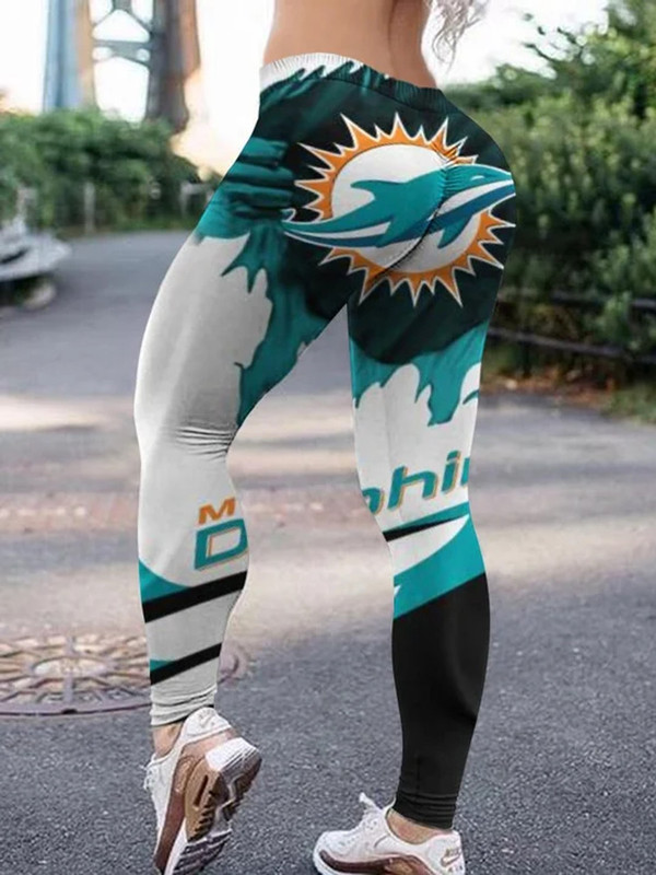 NFL.Miami Dolphins Team/High Waist Push Up Custom Graphic-3D-Printed Premium Womens Dolphins Team Leggings...