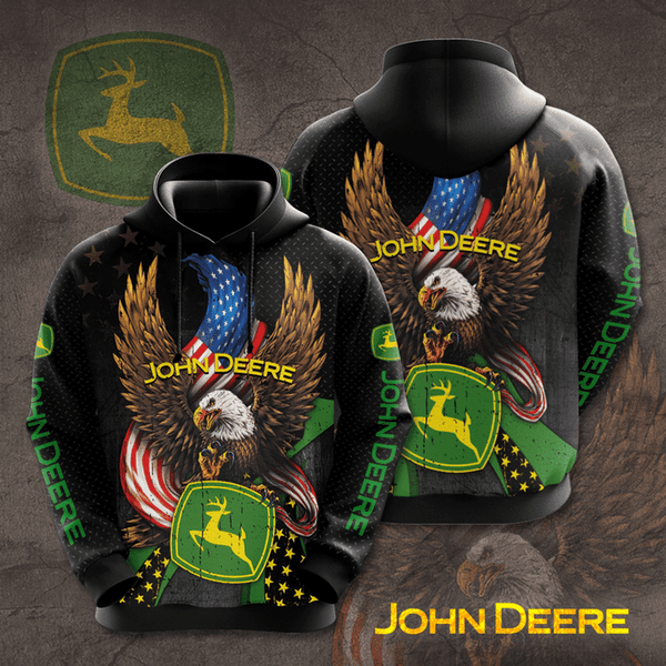 OFFICIAL-JOHN-DEERE-BLACK-PULLOVER-HOODIE & CUSTOM-BIG-WINGED-PATRIOTIC-BALD-EAGLE/CLASSIC-GRAPHIC-3D-PRINTED-JOHN-DEERE-BLACK & GREEN-CUSTOM-DESIGN!!