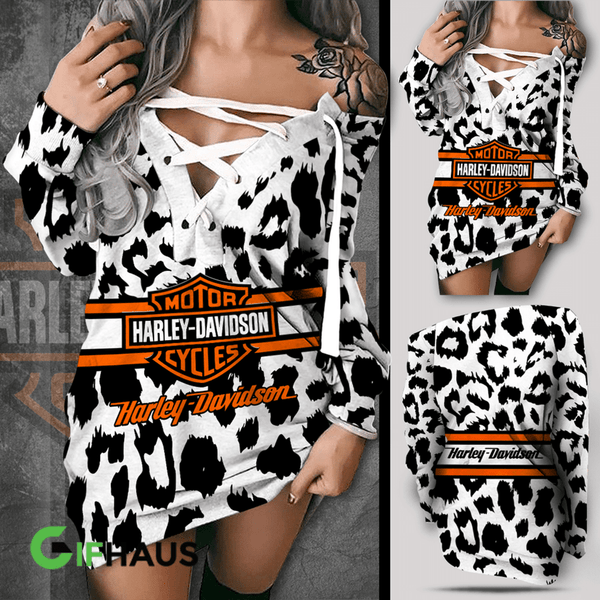HARLEY-DAVIDSON-MOTORCYCLE-LADIES-WHITE LACE-UP-CUSTOM-GRAPHIC-3D-PRINTED-JAGUAR-DRESS/ALL-IN-OFFICIAL-CLASSIC-HARLEY-BLACK-SPOTTED/WHITE & HARLEY ORANGE COLORS/OFFICIAL BIG HARLEY DAVIDSON LOGOS TRENDY OPEN SHOULDERS LADIES HOODIE DRESS DESIGN..