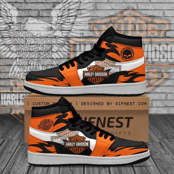 **(HARLEY-DAVIDSON-BIKER-BLACK-FASHION-SPORT-RIDING-SNEAKERS/CUSTOM-DETAILED-3D-GRAPHIC-PRINTED-DOUBLE-SIDED-DESIGN/CLASSIC-OFFICIAL-CUSTOM-HARLEY-LOGOS & CLASSIC-OFFICIAL-HARLEY-BLACK & ORANGE-COLORS/PREMIUM-HARLEY-BIKERS-SPORT-HIGH-TOP-SNEAKERS)**