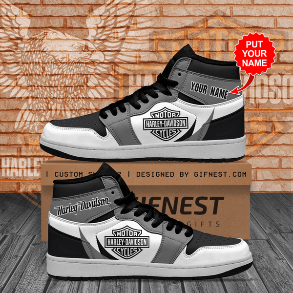 **(HARLEY-DAVIDSON-BIKER-BLACK-SPORT-RIDING-SNEAKERS/ADD-YOUR-OWN-PERSONALIZED-NAME-OR-SPECIAL-CUSTOM-TEXT-TO-EACH-SNEAKER/OFFICIAL-CUSTOM-HARLEY-LOGOS & OFFICIAL-HARLEY-BLACK & GREY-COLORS/TRENDY-PREMIUM-HARLEY-BIKERS-SPORT-HIGH-TOP-SNEAKERS)**