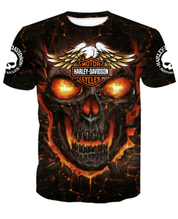 **(HARLEY-DAVIDSON-MOTORCYCLE-TEES/GRAPHIC-3D-PRINTED-ORANGE-GLOWING-SKULL-DESIGN/FEATURING-OFFICIAL-CUSTOM-HARLEY-LOGOS & OFFICIAL-CLASSIC-BLACK & ORANGE-HARLEY-COLORS/3D-DOUBLE-SIDED-ALL-OVER-GRAPHIC-DESIGN/PREMIUM-HARLEY-RIDING-TEES)**