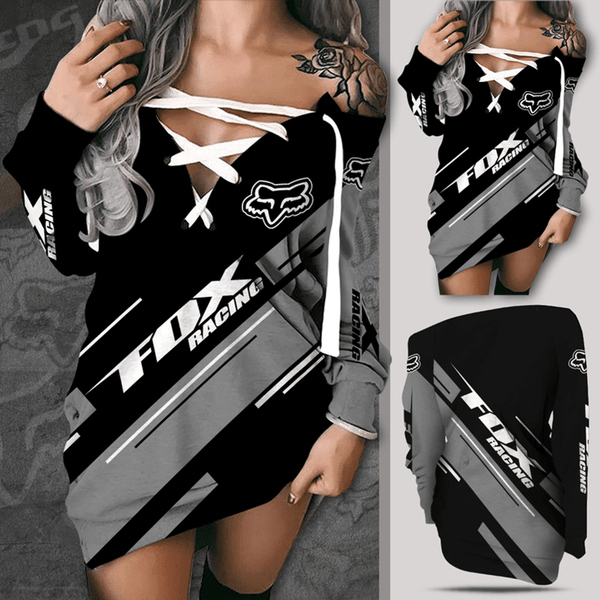 FOX-RACING-LADIES-BLACK,WHITE & GREY-LACE-UP-TOP-DRESS/OFFICIAL ALL OVER FOX-RACING LOGOS DRESS DESIGN..