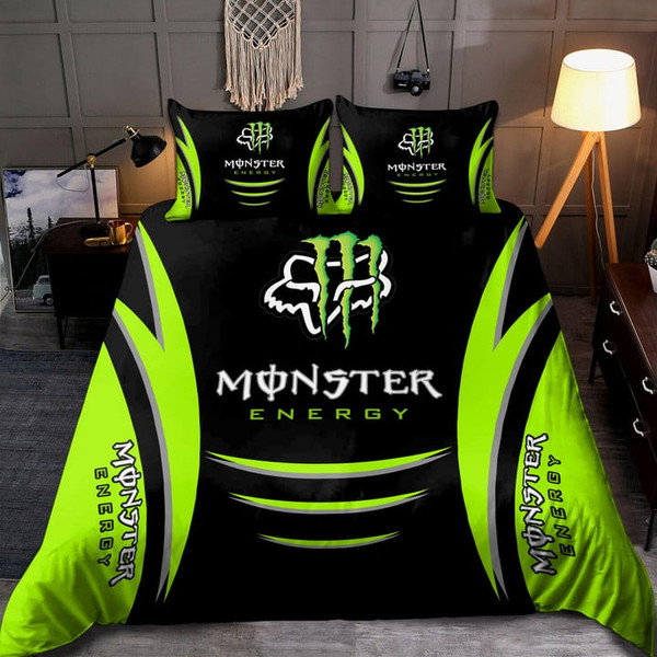 OFFICIAL MONSTER-ENERGY-CLASSIC LOGOS & BIG MONSTER-ENERGY-LOGO/COMPLETE-ANY-SIZE-3PC.CUSTOM-3D-BED SETS/BIG-CUSTOM-GRAPHIC-3D-PRINTED-CLASSIC-MONSTER-ENERGY-BLACK & NEON-GREEN-3PC.BEDDING SET-CUSTOM-3D-DESIGN...