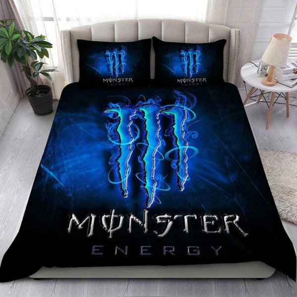 OFFICIAL MONSTER-ENERGY-CLASSIC LOGOS & BIG MONSTER-ENERGY "M" LOGO/COMPLETE-ANY-SIZE-3PC.CUSTOM-3D-BED SETS/BIG-CUSTOM-GRAPHIC-3D-PRINTED-CLASSIC-MONSTER-ENERGY-NEON-BLUE-3PC.BEDDING SET-NICE-3D-DESIGN!!