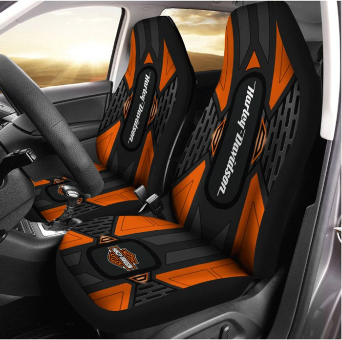 OFFICIAL-HARLEY-DAVIDSON-CLASSIC-LOGOS-CAR-SEAT-PREMIUM-COVERS/BIG-GRAPHIC-3D-PRINTED-CUSTOM-HARLEY-DAVIDSON-BLACK & ORANGE-DESIGN-DOUBLE-CAR-SEATS-COVER!!