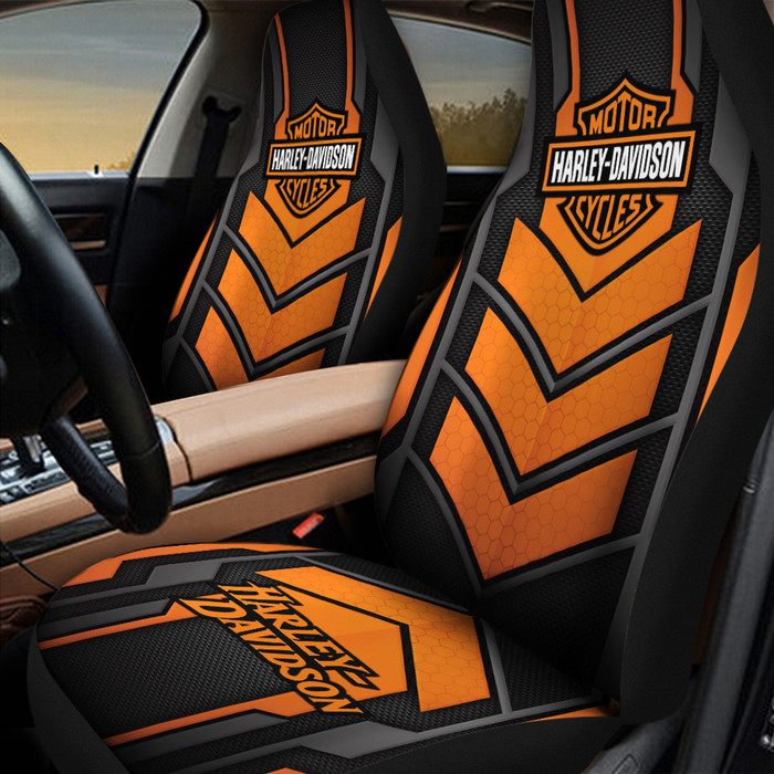 OFFICIAL-HARLEY-DAVIDSON-CLASSIC-LOGOS-CAR-SEAT-PREMIUM-COVERS/BIG-GRAPHIC-3D-PRINTED-CUSTOM-CLASSIC-HARLEY-DAVIDSON-BLACK & ORANGE-DESIGN-DOUBLE-CAR-SEATS!!!