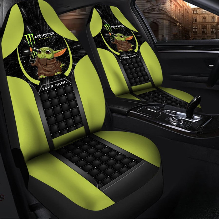 OFFICIAL-MONSTER-ENERGY-CLASSIC-LOGOS-PREMIUM-CAR-SEAT-COVERS/ADD-YOUR-OWN-PERSONALIZED-CUSTOM-NAME-OR-TEXT-TO-BOTH-CAR-SEAT-COVERS/BIG-GRAPHIC-3D-PRINTED-CUSTOM-MONSTER-ENERGY & STAR-WARS-YODA-BLACK & NEON-GREEN-DESIGN-DOUBLE-CAR-SEATS...