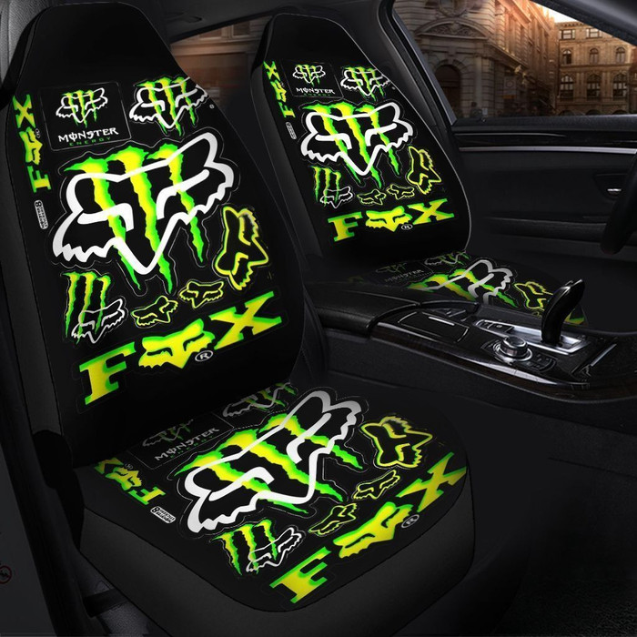 OFFICIAL-MONSTER-ENERGY & FOX-RACING-LOGOS-PREMIUM-CAR-SEAT-COVERS/BIG-GRAPHIC-3D-PRINTED-CUSTOM-MONSTER-ENERGY-OFFICIAL-LOGOS-BLACK & NEON-GREEN-COLOR-DESIGN-DOUBLE-CAR-SEAT-COVERS!!