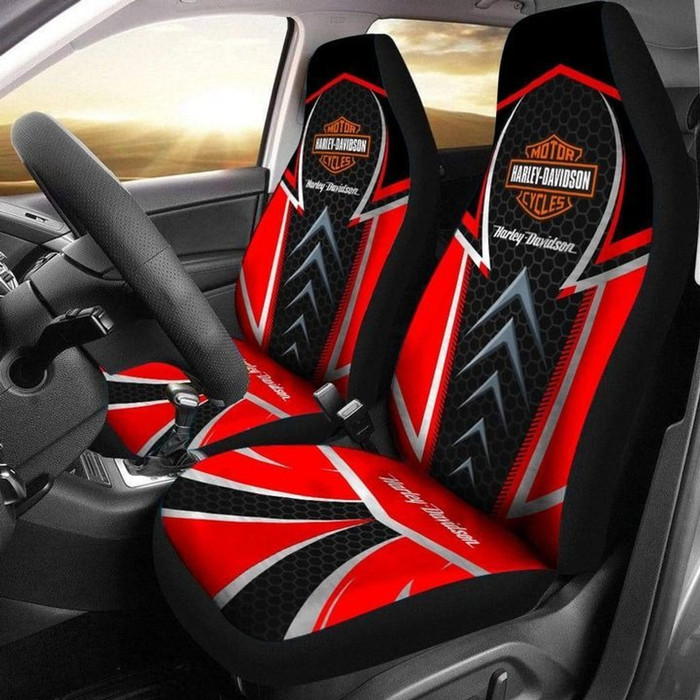 OFFICIAL-HARLEY-DAVIDSON-CLASSIC-CUSTOM-LOGOS-CAR-SEAT-PREMIUM-COVERS/BIG-GRAPHIC-3D-PRINTED-CUSTOM-HARLEY-DAVIDSON-MIDNIGHT-BLACK & NOEN-RED-COLOR-DESIGN-DOUBLE-CAR-SEATS!!