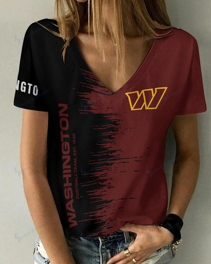 **(Official-NFL.Washington Commanders Team Limited Edition Fashion Casual Womens V-Neck Tee-Shirts/All Over Double Sided Custom Graphic-3D-Printed Official Commanders Team Logos & Official Commanders Team Colors Design Game/Day Trendy Womens Tees)**