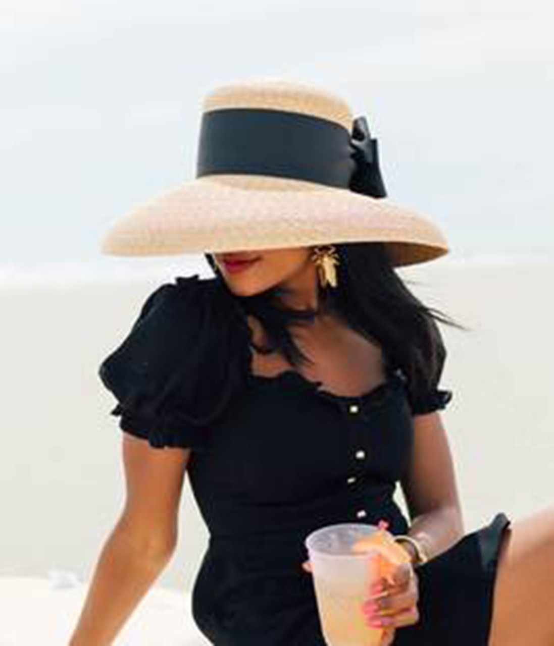 Lisi Lerch Straw Hat with Navy Raffia And Tennis Adornment