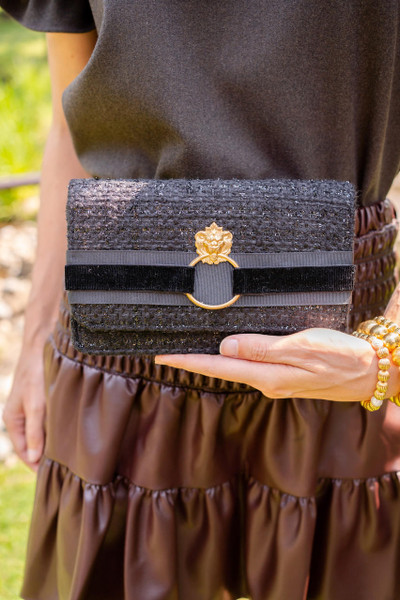 Lisi Lerch Coco Fold Over Bouclé Black Clutch With Gold Mini Door Knocker 