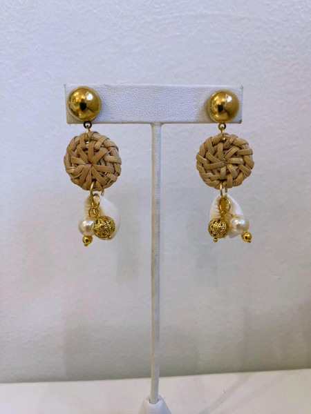  Rattan & Shell Small Disk Earring- Sample Sale -  Final Sale 