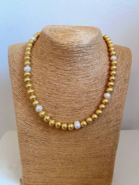  Diana Single Strand Beaded Necklace 10mm - Brushed Gold And Freshwater Pearl - Sample Sale -  Final Sale 