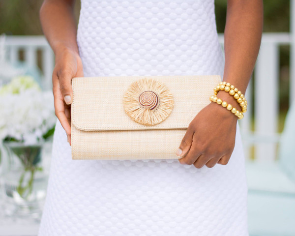 Avery  Straw Clutch - Natural Shell with Natural Raffia Round