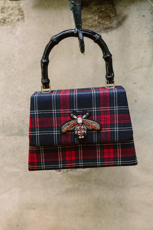 Red Plaid with the Red Bee - Black Bamboo Handle Clutch