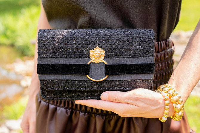 Lisi Lerch Coco Fold Over Bouclé Black Clutch With Gold Mini Door Knocker 