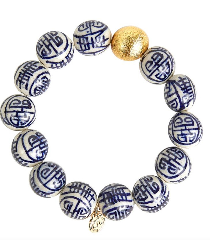 Lisi Lerch Georgia Beaded Bracelet Stack  - 1 Blue Chinoiserie & 2 - 14mm All Gold Bracelets  