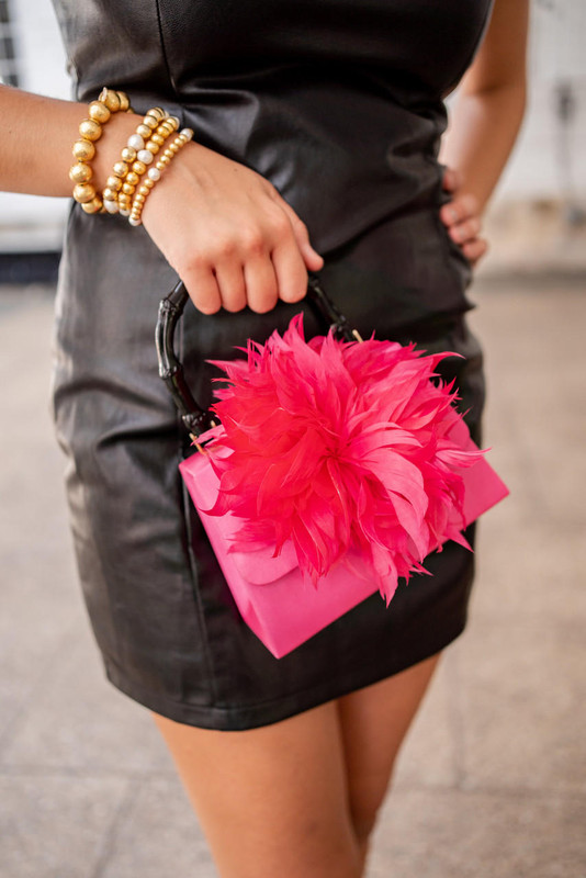 Lisi Lerch Pink Lulu with Gold Handle - Hot Pink Feather  
