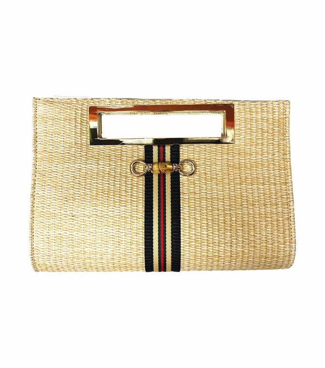 Lisi Lerch Chloe Clutch - Brown , Green & Red Stripe Band - Bamboo Toggle  