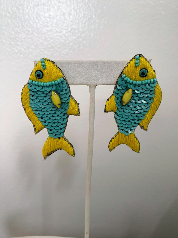  Turquoise & Yellow Sequin Fish Earring - Sample Sale -  Final Sale 