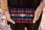 Ruby Red Plaid Clutch - Bee Stripe with Gold Bee Charm