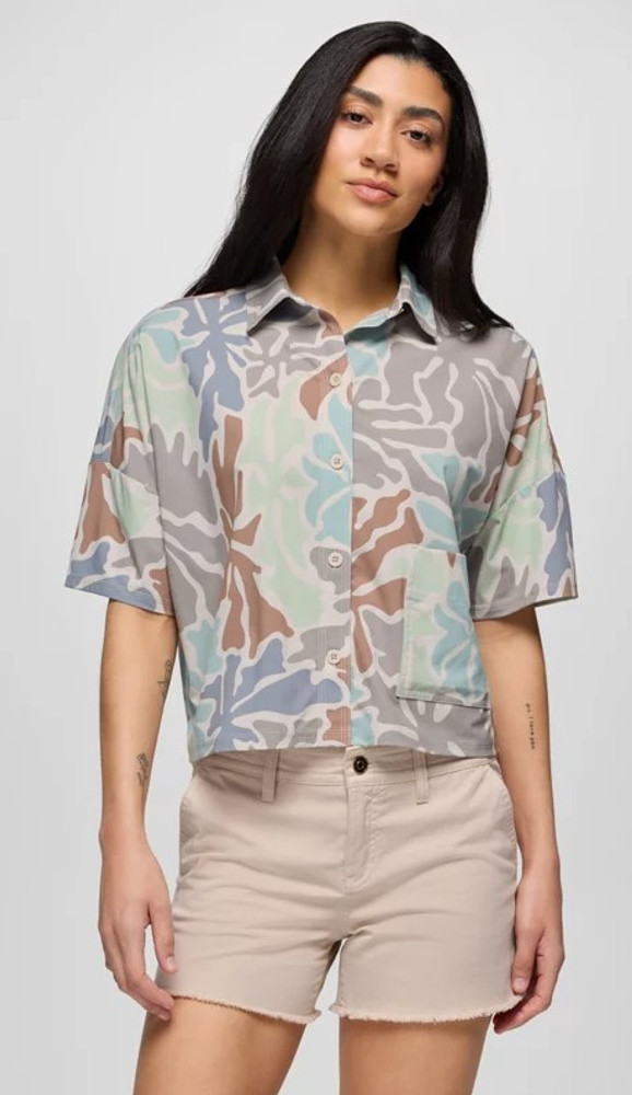 Prana Women's Railay Short Sleeve Button Down: Almond Boogie Bloom