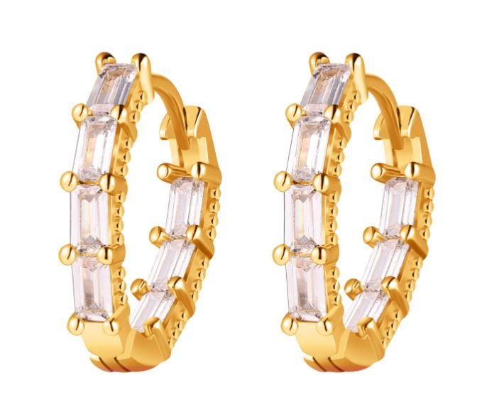 CAI Oval with Stone Huggie Earrings: Gold
