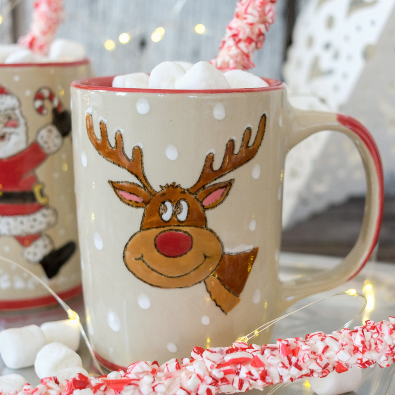 Pair of Living Quarters REINDEER 10 oz Coffee Mugs / Red White Trees  Snowflakes