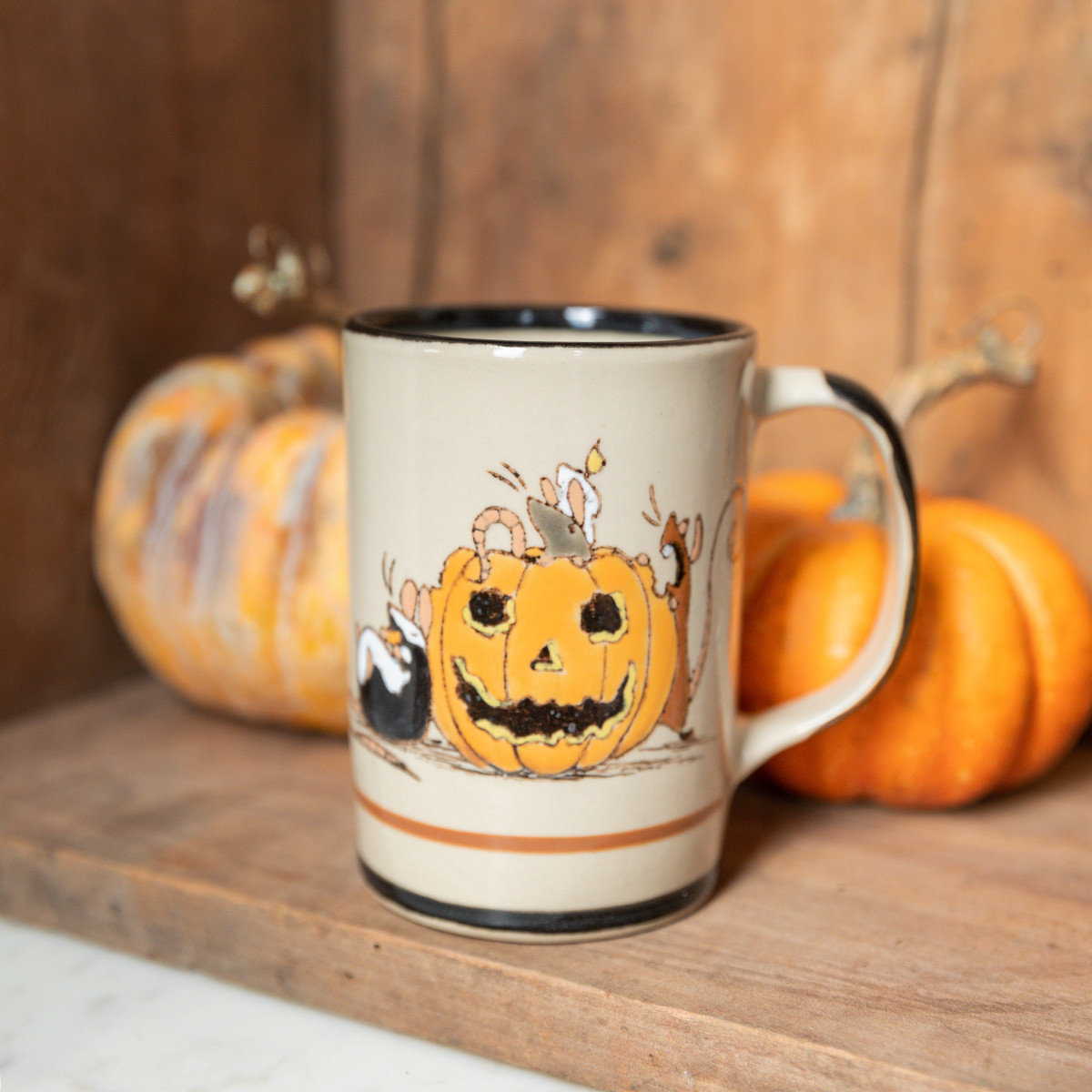 14oz Halloween Mug with Three Rats and a Pumpkin - Stoneware & Co.