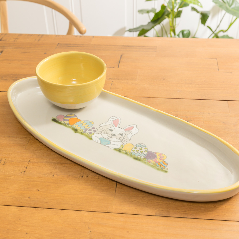 Bunny Antipasto Yellow Banding Easter Tray with Yellow Bowl Stoneware