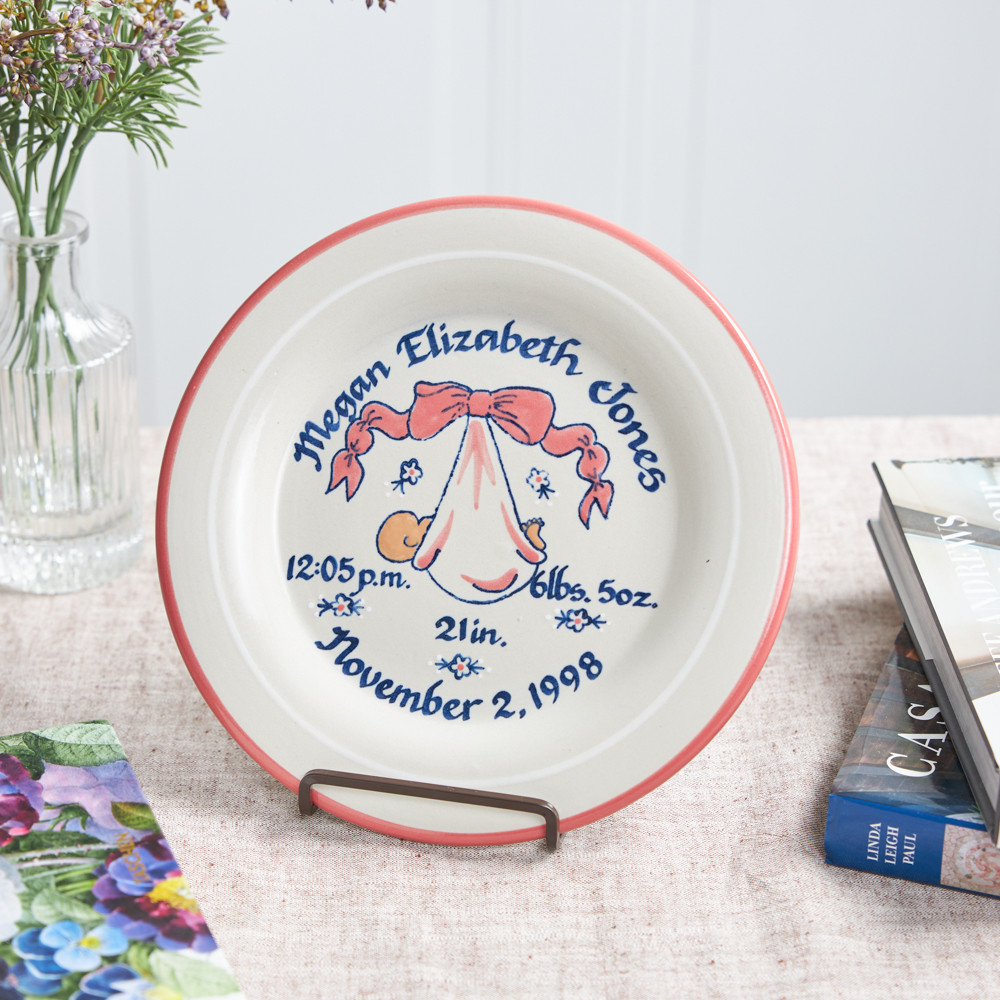 Personalized Birth Plate, Pink Blanket | Louisville Stoneware
