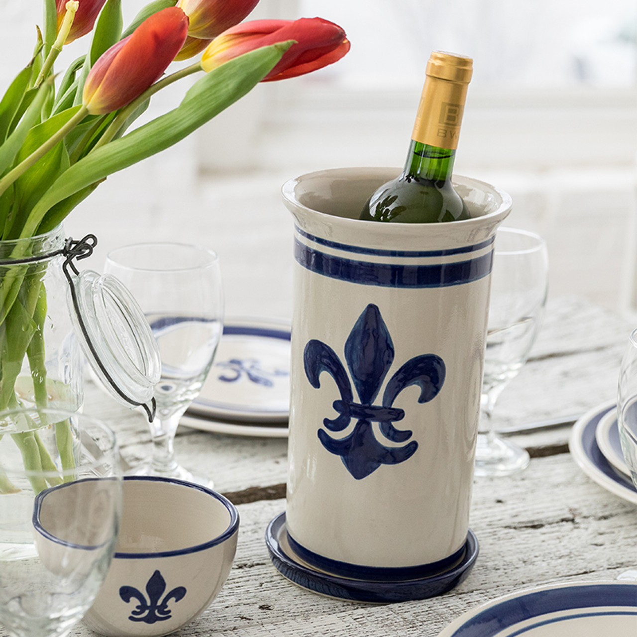 10.5” Wine Cooler & Saucer in Blue Fleur de Lis - Stoneware & Co.