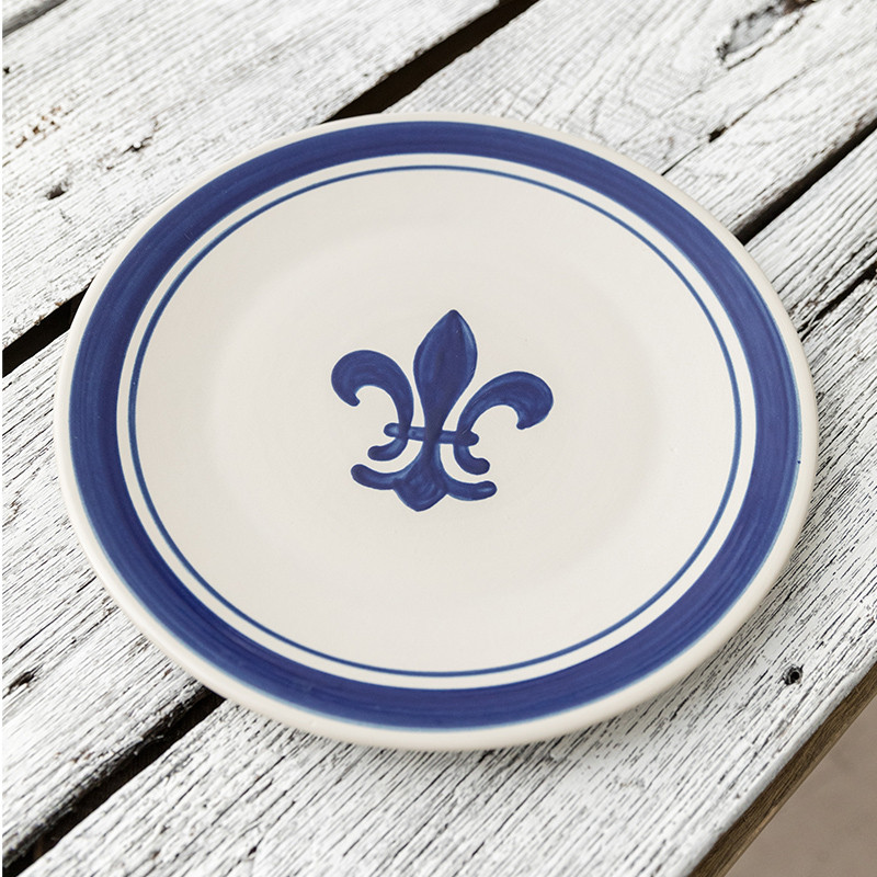11" Rimmed Plate in Blue Fleur de Lis Stoneware & Co.