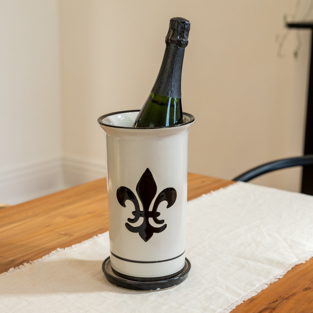 10.5” Wine Cooler & Saucer in Black Fleur de Lis - Stoneware & Co.