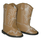 Matte tan vinyl cowboy/cowgirl boots with white embroidered eagles.  Velcro closure in back.  Black foam soles.  Fits 18 inch dolls like American Girl or Boy.