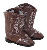 Matte brown vinyl cowboy/cowgirl boots with white embroidered eagles.  Velcro closure in back.  Black foam soles.  Fits 18 inch dolls like American Girl or Boy.