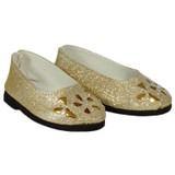 Fits 18" American Girl and Our Generation doll.

Gold glittery slip-on shoes with floral cut outs.