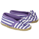 Fits 18" dolls like American Girl

Purple and white canvas slip-on shoes with bows and jute trim.