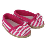 Fits 18" dolls like American Girl


Dark pink and white canvas slip-on shoes with bows and jute trim.