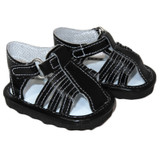 Fits 18" boy and girl dolls like American Girl and Our Generation

These 18" doll sandals are perfect for both boys and girls. They feature a classic black fisherman style design that looks great on any outfit. The Velcro closures on the straps make them easy to put on and take off, while also ensuring a secure and comfortable fit for your doll's foot. The black foam soles provide added comfort and stability for your doll's adventures.