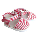 Fits 18" dolls like American Girl and Our Generation

Red and white striped canvas shoes with Velcro closures on straps.