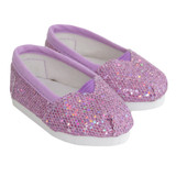 Fits 18" dolls like American Girl and Our Generation

Lavender glitter slip-on shoes with white foam soles.